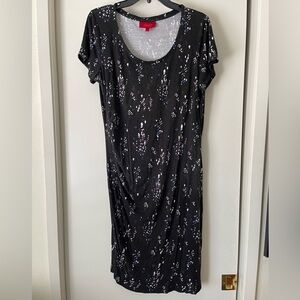 Jennifer Lopez Black Midi Dress with Colorful Accents